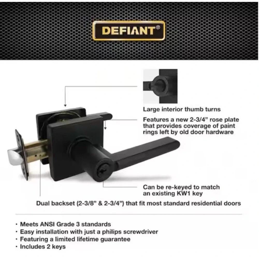 Defiant Tonebridge Matte Black Keyed Entry Door Lever with Square Rose NIB